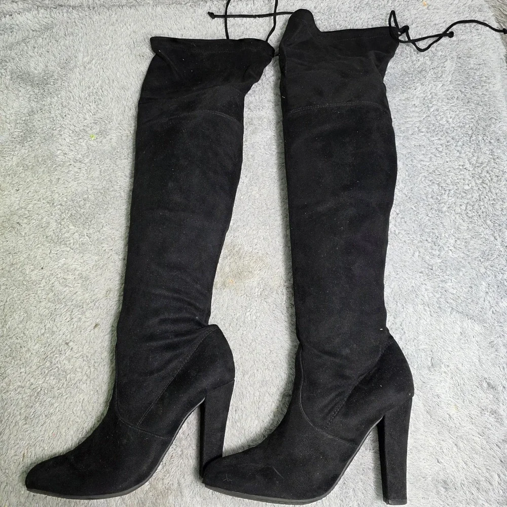 Steve Madden Over The Knee Boots Black Faux Suede Block Heels Womens 7.5 NEW